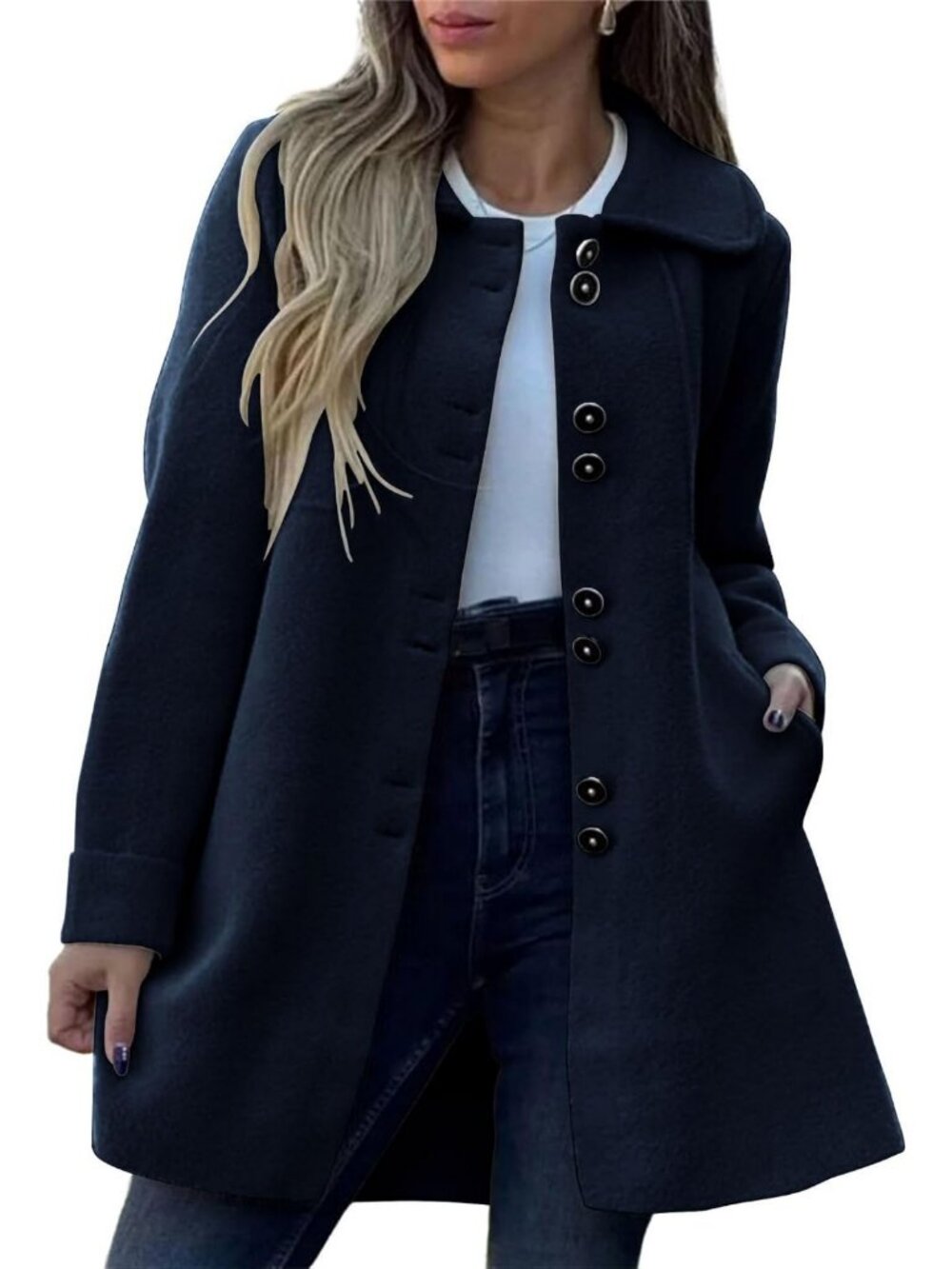 Elegant Women's Winter Wool Blend Pea Coat with Lapel Collar & Single Breasted